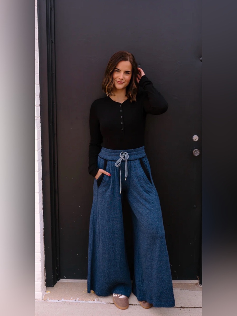 FREE PEOPLE Wait A Minute Wide Leg Pant in Navy Heather Combo size extra small